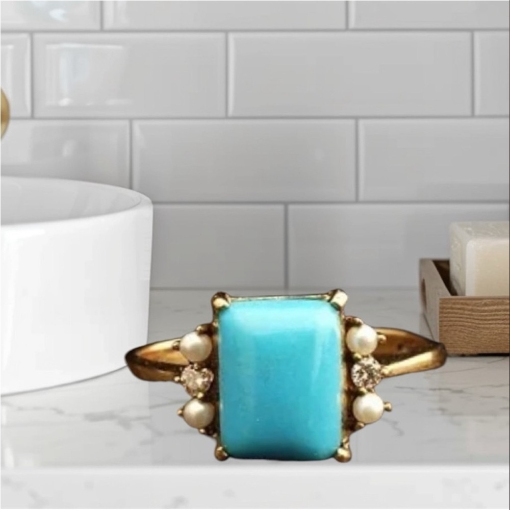 Farah Jewelry Gold Ring with Turquoise Blue Rectangle Stone and Pearl Accents